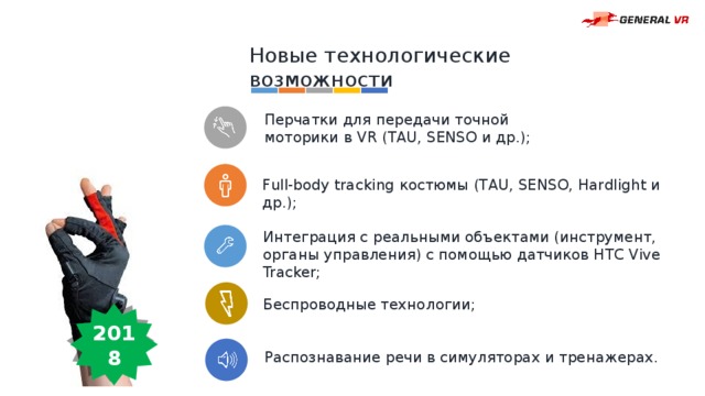 Новые технологические возможности Перчатки для передачи точной моторики в VR (TAU, SENSO и др.); Full-body tracking костюмы (TAU, SENSO, Hardlight и др.); Интеграция с реальными объектами (инструмент, органы управления) с помощью датчиков HTC Vive Tracker; Беспроводные технологии; 2018 Распознавание речи в симуляторах и тренажерах. 
