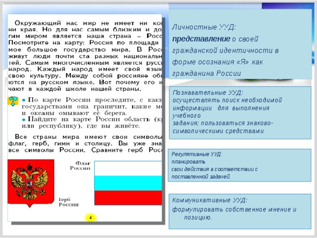  Личностные УУД: представление о своей гражданской идентичности в форме осознания «Я» как гражданина России Познавательные УУД: осуществлять поиск необходимой информации для выполнения учебного задания; пользоваться знаково- символическими средствами Регулятивные УУД: планировать свои действия в соответствии с поставленной задачей . Коммуникативные УУД: формулировать собственное мнение и позицию . 