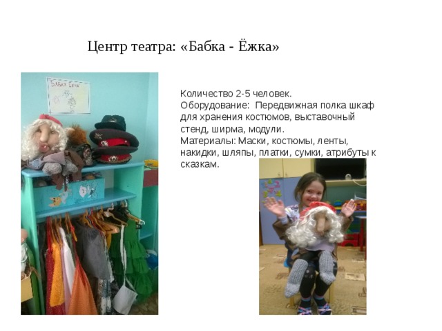  Центр театра: «Бабка - Ёжка» Количество 2-5 человек. Оборудование: Передвижная полка шкаф для хранения костюмов, выставочный стенд, ширма, модули. Материалы: Маски, костюмы, ленты, накидки, шляпы, платки, сумки, атрибуты к сказкам. 
