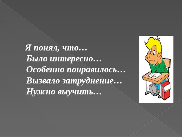  Я понял, что…  Было интересно…  Особенно понравилось…  Вызвало затруднение…  Нужно выучить…   