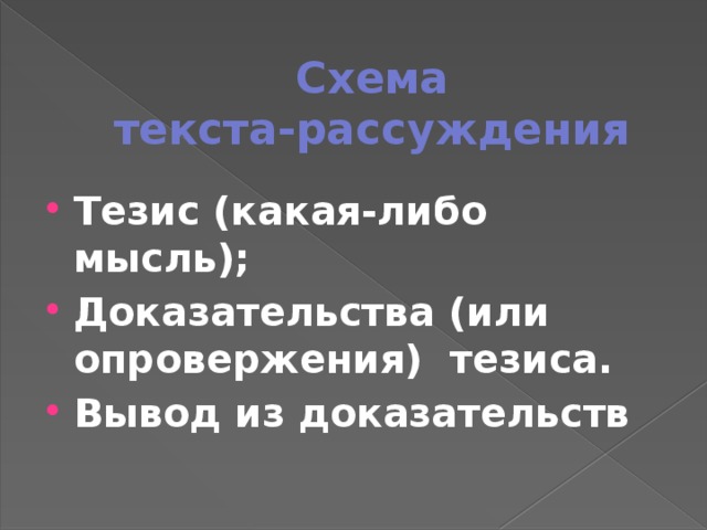 Схема  текста-рассуждения Тезис (какая-либо мысль); Доказательства (или опровержения) тезиса. Вывод из доказательств 