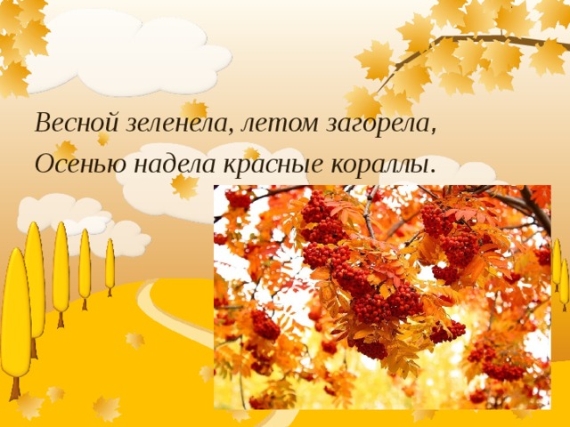 Весной зеленела, летом загорела , Осенью надела красные кораллы.  