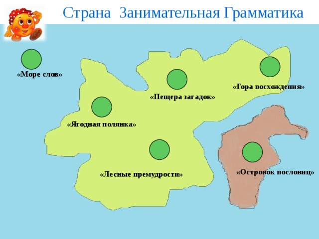 Страна Занимательная Грамматика «Море слов»  «Гора восхождения»  «Пещера загадок»  «Ягодная полянка»  «Островок пословиц» «Лесные премудрости» 
