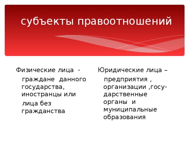  субъекты правоотношений Физические лица -  граждане данного государства, иностранцы или  лица без гражданства Юридические лица –  предприятия , организации ,госу- дарственные органы и муниципальные образования 