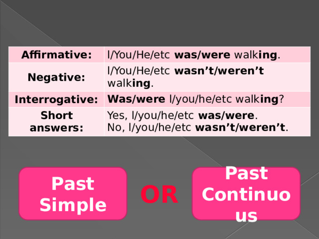 Affirmative: l/You/He/etc was/were walk ing . Negative: l/You/He/etc wasn’t/weren’t walk ing . Interrogative: Was/were l/you/he/etc walk ing ? Short answers: Yes, l/you/he/etc was/were . No, l/you/he/etc wasn’t/weren’t . Past Simple Past Continuous OR 