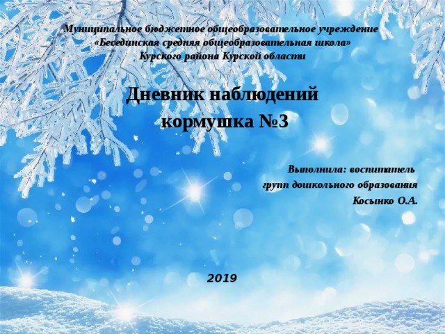 Муниципальное бюджетное общеобразовательное учреждение  «Бесединская средняя общеобразовательная школа»  Курского района Курской области Дневник наблюдений  кормушка №3  Выполнила: воспитатель групп дошкольного образования  Косынко О.А.     2019 