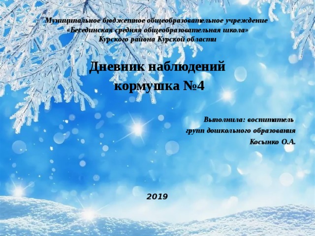 Муниципальное бюджетное общеобразовательное учреждение  «Бесединская средняя общеобразовательная школа»  Курского района Курской области Дневник наблюдений  кормушка №4  Выполнила: воспитатель групп дошкольного образования  Косынко О.А.     2019 