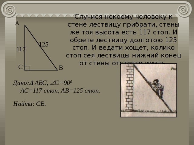 А Случися некоему человеку к стене лествицу прибрати,  стены же тоя высота есть 117 стоп. И обрете лествицу долготою 125 стоп. И ведати хощет, колико стоп сея лествицы нижний конец от стены отстояти имать. 125 117 С В Дано:  АВС,  С=90 0 АС=117 стоп, АВ=125 стоп. Найти: СВ . 