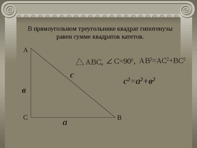 В прямоугольном треугольнике квадрат гипотенузы равен сумме квадратов катетов. А АВ 2 =АС 2 +ВС 2   С=90 0 , АВС, с с 2 =а 2 +в 2 в С В а 