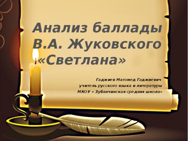 Анализ баллады В.А. Жуковского «Светлана»  Гаджиев Магомед Гаджиевич учитель русского языка и литературы МКОУ « Зубанчинская средняя школа» 