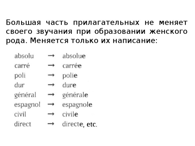 Большая часть прилагательных не меняет своего звучания при образовании женского рода. Меняется только их написание: 