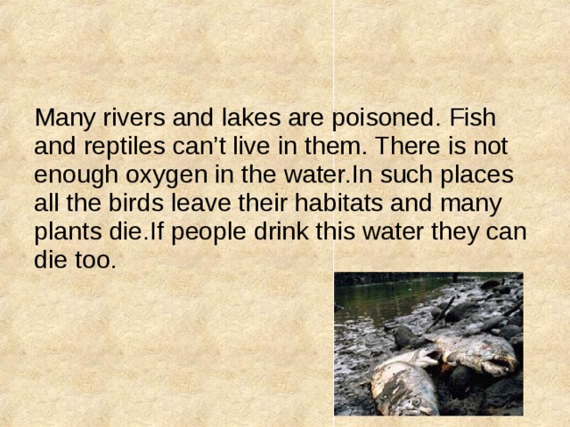Many rivers and lakes are poisoned. Fish and reptiles can’t live in them. There is not enough oxygen in the water.In such places all the birds leave their habitats and many plants die.If people drink this water they can die too. 