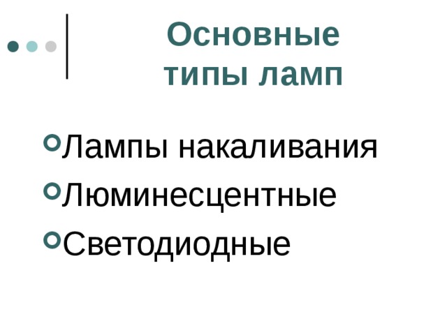 Основные типы ламп Лампы накаливания Люминесцентные Светодиодные 