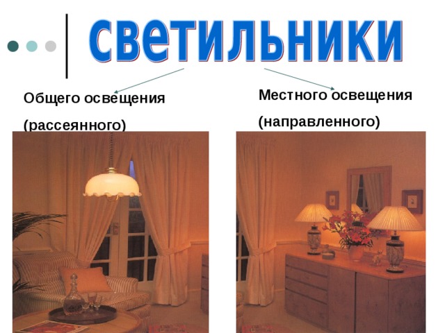 Местного освещения (направленного) Общего освещения (рассеянного) 