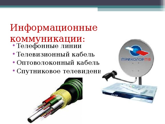 Информационные коммуникации: Телефонные линии Телевизионный кабель Оптоволоконный кабель Спутниковое телевидение 