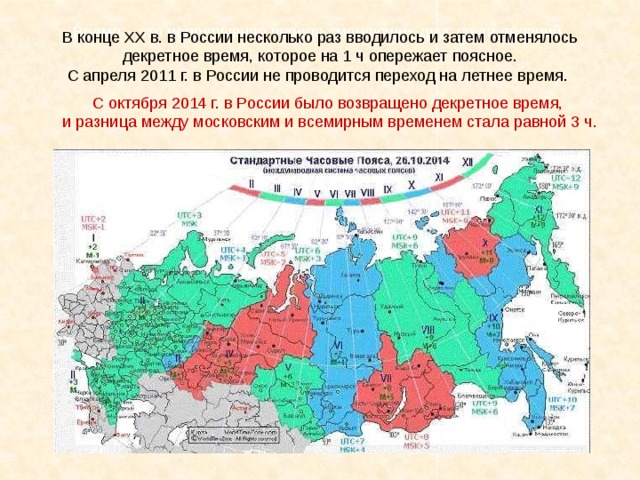 Время – это непрерывная череда сменяющих друг друга явлений. В конце ХХ в. в России несколько раз вводилось и затем отменялось декретное время, которое на 1 ч опережает поясное. С апреля 2011 г. в России не проводится переход на летнее время. С октября 2014 г. в России было возвращено декретное время, и разница между московским и всемирным временем стала равной 3 ч. 