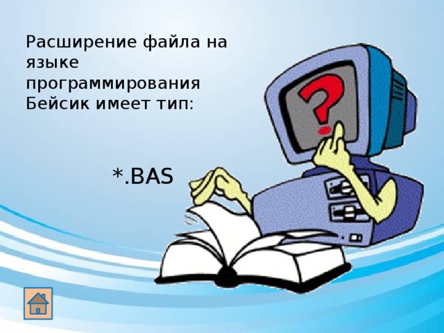 Расширение файла на языке программирования Бейсик имеет тип: *.BAS 