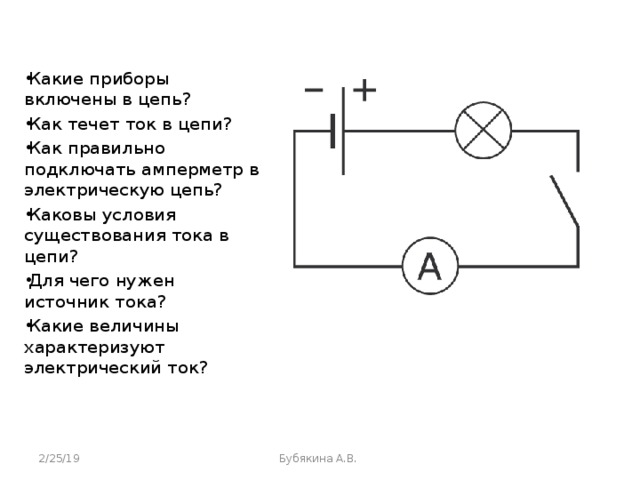 Какие приборы включены в цепь? Как течет ток в цепи? Как правильно подключать амперметр в электрическую цепь? Каковы условия существования тока в цепи? Для чего нужен источник тока? Какие величины характеризуют электрический ток? 2/25/19 Бубякина А.В. 