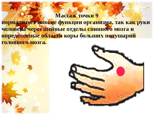  Массаж точки 9 нормализует многие функции организма, так как руки человека через шейные отделы спинного мозга и определенные области коры больших полушарий головного мозга. 