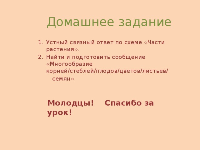 Домашнее задание Устный связный ответ по схеме «Части растения». Найти и подготовить сообщение «Многообразие корней/стеблей/плодов/цветов/листьев/  семян» Молодцы! Спасибо за урок! 