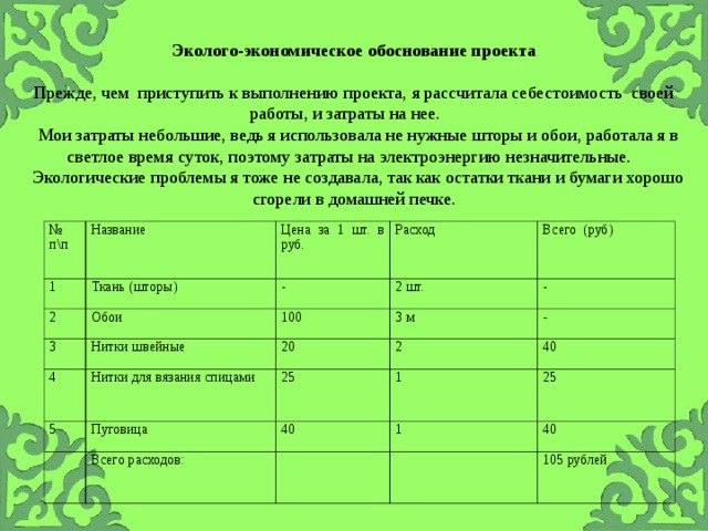 Эколого-экономическое обоснование проекта   Прежде, чем приступить к выполнению проекта, я рассчитала себестоимость своей работы, и затраты на нее.   Мои затраты небольшие, ведь я использовала не нужные шторы и обои, работала я в светлое время суток, поэтому затраты на электроэнергию незначительные.  Экологические проблемы я тоже не создавала, так как остатки ткани и бумаги хорошо сгорели в домашней печке.    № п\п Название 1 2 Цена за 1 шт. в руб. Ткань (шторы) Расход Обои 3 - 4 2 шт. 100 Всего (руб) Нитки швейные 3 м Нитки для вязания спицами 5 - 20 2 25 - Пуговица 1 Всего расходов: 40 40 25 1 40 105 рублей 