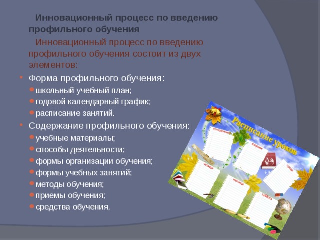  Инновационный процесс по введению профильного обучения  Инновационный процесс по введению профильного обучения состоит из двух элементов: Форма профильного обучения: школьный учебный план; годовой календарный график; расписание занятий. школьный учебный план; годовой календарный график; расписание занятий. Содержание профильного обучения: учебные материалы; способы деятельности; формы организации обучения; формы учебных занятий; методы обучения; приемы обучения; средства обучения. учебные материалы; способы деятельности; формы организации обучения; формы учебных занятий; методы обучения; приемы обучения; средства обучения. 