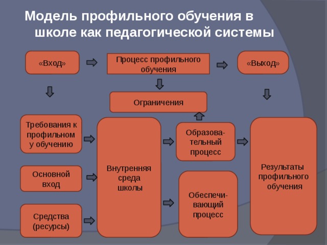  Модель профильного обучения в школе как педагогической системы «Вход» «Выход» Процесс профильного обучения Ограничения Требования к профильному обучению Результаты Внутренняя среда  школы профильного  обучения Образова-тельный процесс Основной вход Обеспечи-вающий процесс Средства (ресурсы) 
