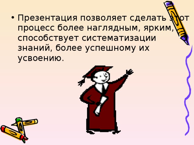 Презентация позволяет сделать этот процесс более наглядным, ярким, способствует систематизации знаний, более успешному их усвоению. 