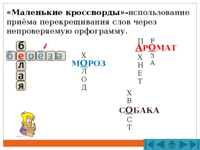 «Маленькие кроссворды»- использование приёма перекрещивания слов через непроверяемую орфограмму. П Р З Х А Н Е Т А Р О МАТ Х Л О Д М О РОЗ Х В С Т С О БАКА  