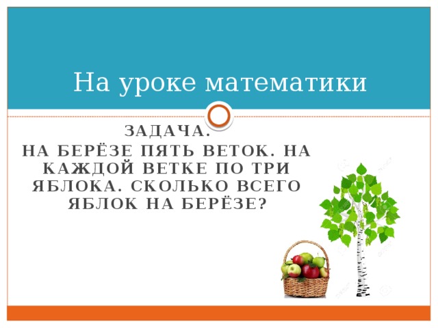 На уроке математики Задача. На берёзе пять веток. На каждой ветке по три яблока. Сколько всего яблок на берёзе? 