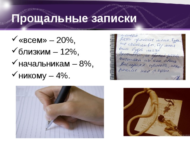 Прощальные записки  «всем» – 20%, близким – 12%, начальникам – 8%, никому – 4%. 