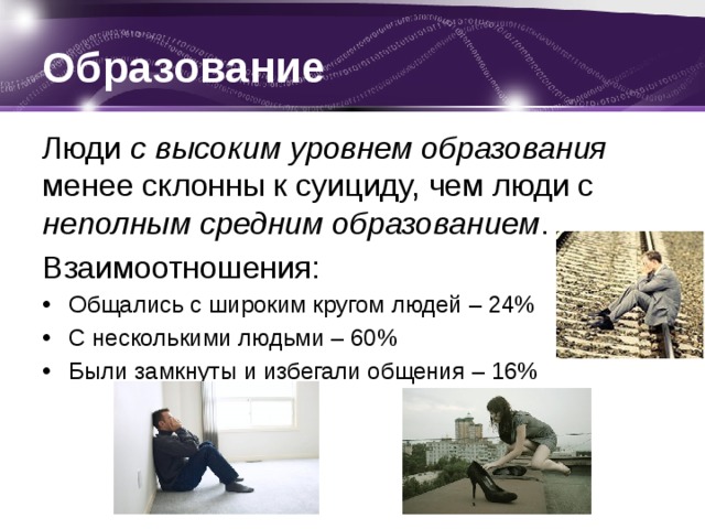Образование  Люди с высоким уровнем образования менее склонны к суициду, чем люди с неполным средним образованием . Взаимоотношения: Общались с широким кругом людей – 24% С несколькими людьми – 60% Были замкнуты и избегали общения – 16% 