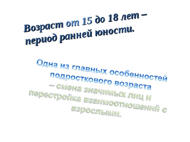 Возраст от 15 до 18 лет – период ранней юности. 