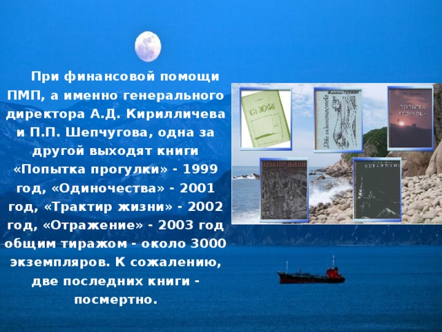  При финансовой помощи ПМП, а именно генерального директора А.Д. Кирилличева и П.П. Шепчугова, одна за другой выходят книги «Попытка прогулки» - 1999 год, «Одиночества» - 2001 год, «Трактир жизни» - 2002 год, «Отражение» - 2003 год общим тиражом - около 3000 экземпляров. К сожалению, две последних книги - посмертно.  