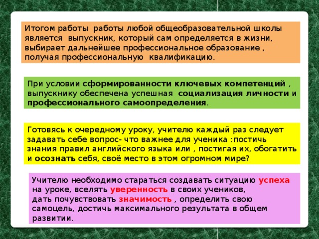 Итогом работы работы любой общеобразовательной школы является выпускник, который сам определяется в жизни, выбирает дальнейшее профессиональное образование , получая профессиональную квалификацию. При условии сформированности ключевых компетенций , выпускнику обеспечена успешная социализация личности и профессионального самоопределения . Готовясь к очередному уроку, учителю каждый раз следует задавать себе вопрос- что важнее для ученика :постичь знания правил английского языка или , постигая их, обогатить и осознать себя, своё место в этом огромном мире? Учителю необходимо стараться создавать ситуацию успеха на уроке, вселять уверенность в своих учеников, дать почувствовать значимость , определить свою самоцель, достичь максимального результата в общем развитии. 