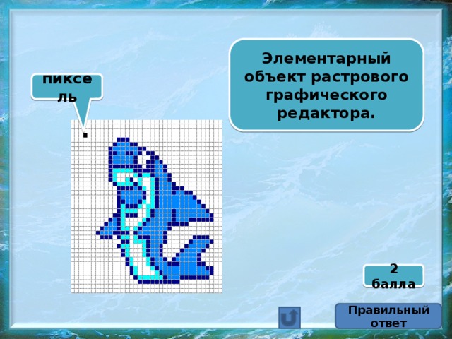 Элементарный объект растрового графического редактора. пиксель 2 балла Правильный ответ 