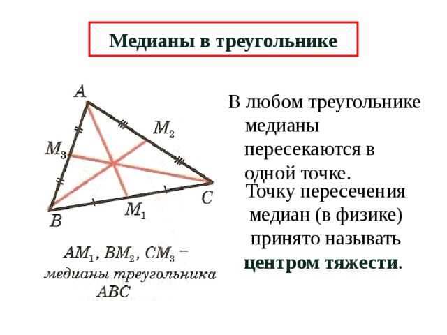 Медианы в треугольнике В любом треугольнике медианы пересекаются в одной точке. Точку пересечения медиан (в физике) принято называть центром тяжести . 6 