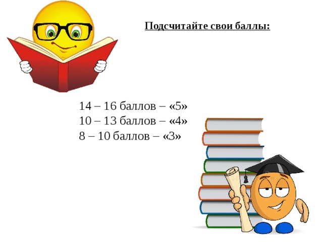 Подсчитайте свои баллы: 14 – 16 баллов – «5» 10 – 13 баллов – «4» 8 – 10 баллов – «3» 