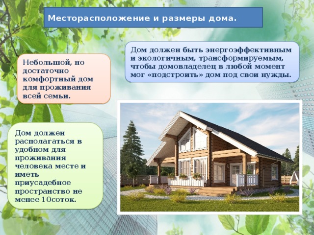 Месторасположение и размеры дома. Дом должен быть энергоэффективным и экологичным, трансформируемым, чтобы домовладелец в любой момент мог «подстроить» дом под свои нужды. Небольшой, но достаточно комфортный дом для проживания всей семьи. Дом должен располагаться в удобном для проживания человека месте и иметь приусадебное пространство не менее 10соток. 