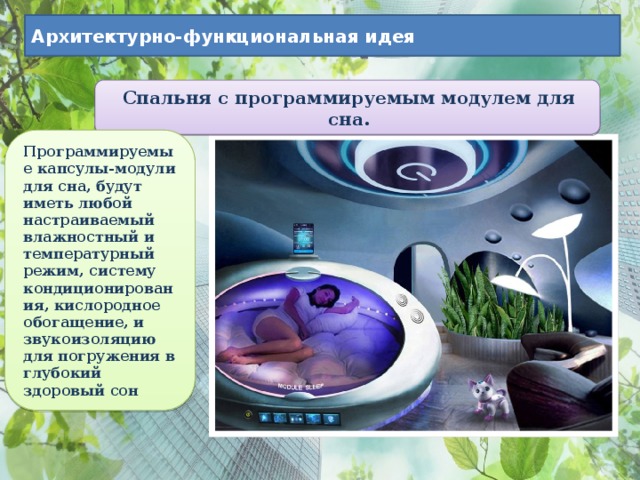 Архитектурно-функциональная идея Спальня с программируемым модулем для сна. Программируемые капсулы-модули для сна, будут иметь любой настраиваемый влажностный и температурный режим, систему кондиционирования, кислородное обогащение, и звукоизоляцию для погружения в глубокий здоровый сон 