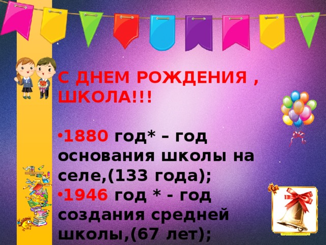 С ДНЕМ РОЖДЕНИЯ , ШКОЛА!!!  1880 год* – год основания школы на селе,(133 года); 1946 год * - год создания средней школы,(67 лет); 1973 год* - начало работы новой школы, (40 лет) 