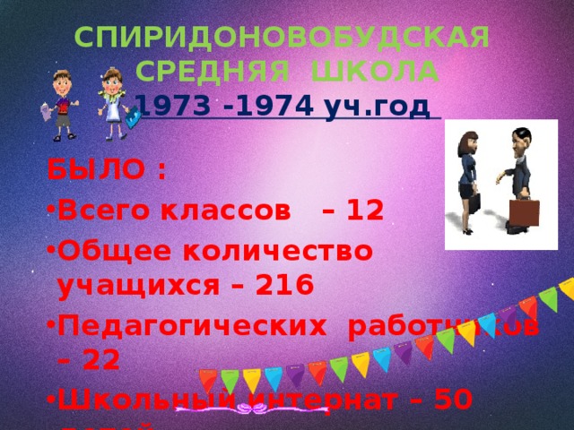 СПИРИДОНОВОБУДСКАЯ СРЕДНЯЯ ШКОЛА  1973 -1974 уч.год   БЫЛО : Всего классов – 12 Общее количество учащихся – 216 Педагогических работников – 22 Школьный интернат – 50 детей 