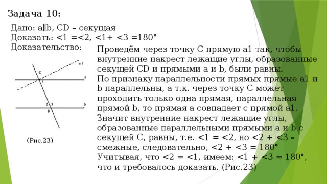 Задача 10: Дано: a∥b, CD – секущая Доказать: Доказательство: Проведём через точку С прямую а1 так, чтобы внутренние накрест лежащие углы, образованные секущей СD и прямыми a и b, были равны. По признаку параллельности прямых прямые a1 и b параллельны, а т.к. через точку С может проходить только одна прямая, параллельная прямой b, то прямая а совпадает с прямой а1. Значит внутренние накрест лежащие углы, образованные параллельными прямыми a и b с секущей С, равны, т.е. Учитывая, что (Рис.23) 