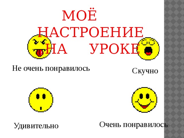 МОЁ НАСТРОЕНИЕ  НА УРОКЕ Не очень понравилось Скучно  Очень понравилось Удивительно  
