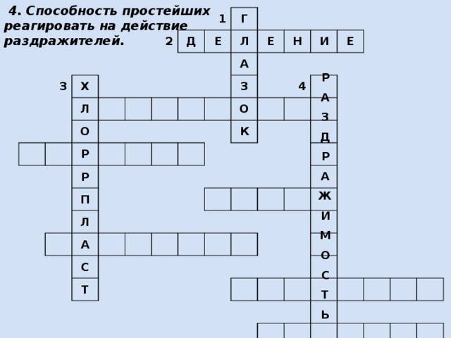   4. Способность простейших реагировать на действие раздражителей. 3 Х 2 Л 1 Д О Р Е Г Л Р А Е П Н Л З И А О 4 Е С К Т Р А З Д Р А Ж И М О С Т Ь 