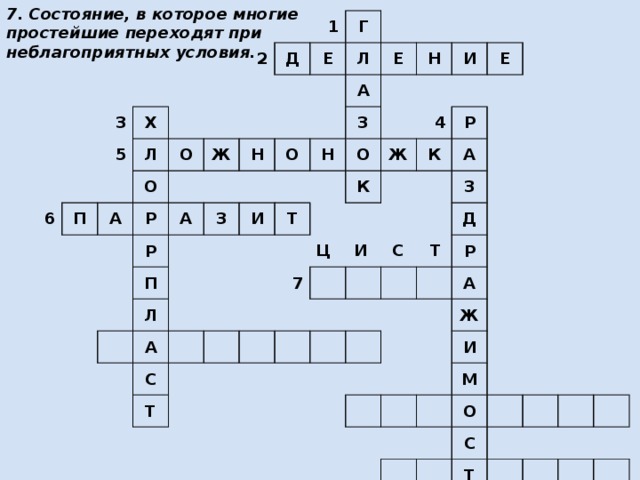 7. Состояние, в которое многие простейшие переходят при неблагоприятных условия. 3 Х 6 5 2 Л П Д О А 1 О Ж Е Г Р Л А Р Н Е З П О А З Н Н Л И И Т А О 4 Е К Ж С Р 7 К Т А З Д Р А Ж И М О С Т Ь Ц И С Т 