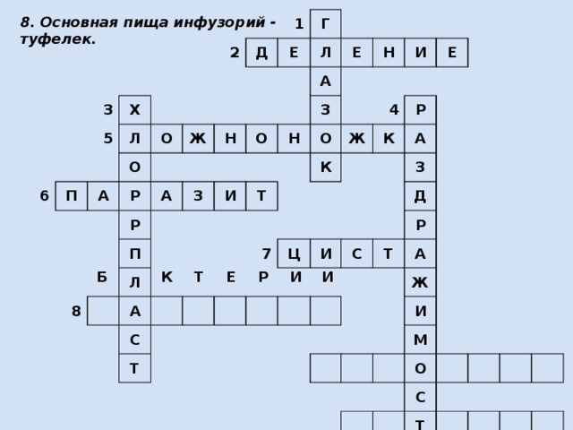8. Основная пища инфузорий - туфелек. 3 5 6 Х 2 П Л Д 1 А О О Г Е Ж Р Л А Р Н Е 8 З П А О Н З Н И Л И О А Т К 4 Е Ж С 7 Р Т К А Ц И З С Д Р Т А Ж И М О С Т Ь Б К Т Е Р И И 