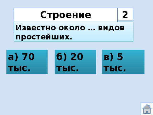 Строение простейших 2 Известно около … видов простейших. а) 70 тыс. б) 20 тыс. в) 5 тыс. 