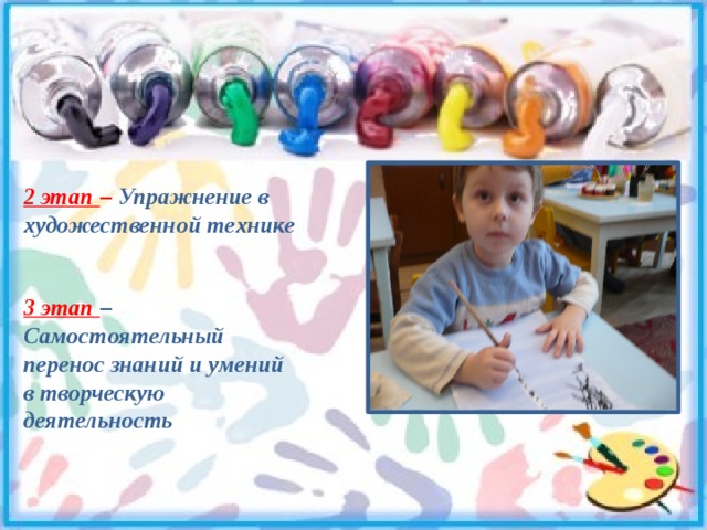  2 этап – Упражнение в художественной технике   3 этап – Самостоятельный перенос знаний и умений в творческую деятельность 