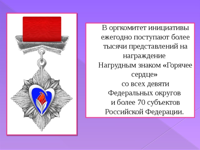   В оргкомитет инициативы ежегодно поступают более тысячи представлений на награждение  Нагрудным знаком «Горячее сердце»  со всех девяти Федеральных округов  и более 70 субъектов Российской Федерации.     